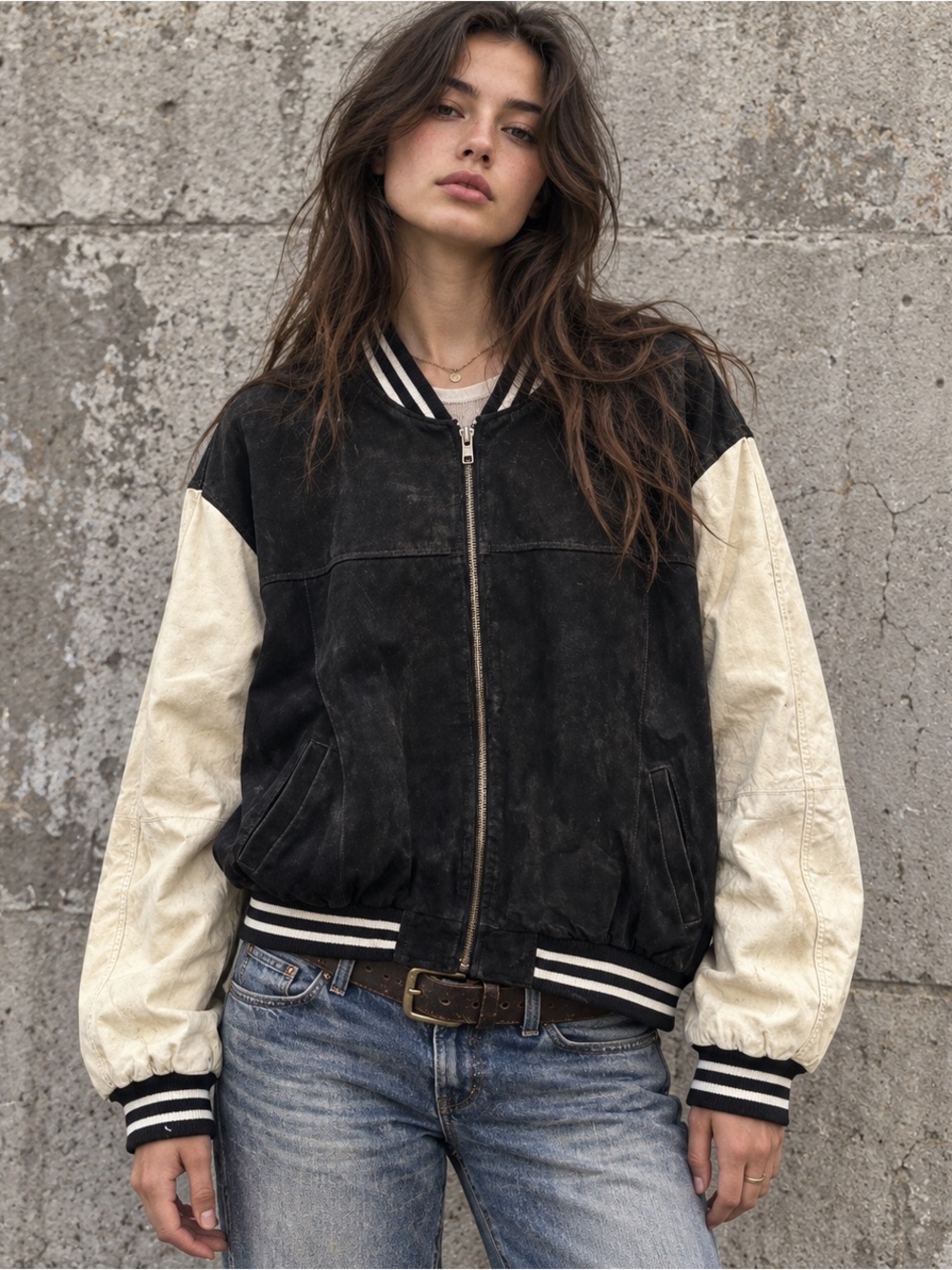 Vintage Cellini Genuine Suede Varsity Jacket Black Cream Oversized Large